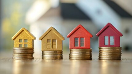 A row of four miniature model houses on top of a stack of coins, with a blurred background of a house and a tree.