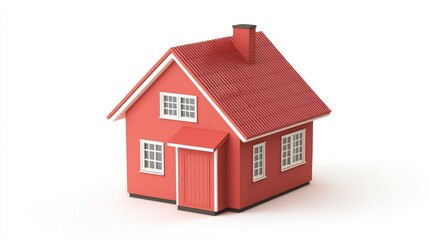 Fototapeta premium A red house with a red roof and white trim, standing on a white background with a white door and windows.