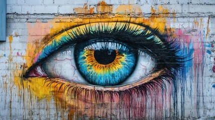 Colorful Eye Mural Artwork on Wall with Vibrant Hues and Detailed Features of Human Eye