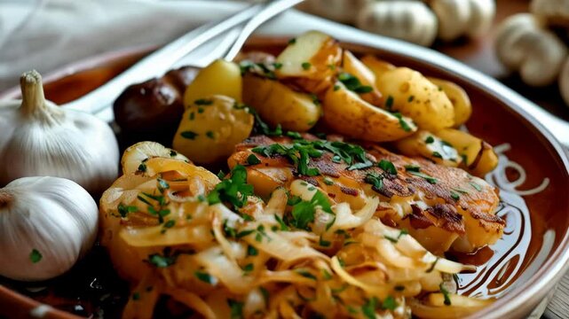 Portuguese bacalhau a bras on a plate, made with shredded salt cod, onions, and fried potatoes. A flavorful and traditional dish from Portugal