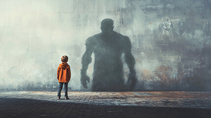 Child Facing Giant Shadow on Grunge Wall Fear, Imagination, Inner Child, Psychology, Surreal Art, Boy, Concrete, Shadow Monster, Emotional, Dreamlike, Vulnerable, Self-Doubt, Identity Crisis,