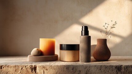 Tranquil scene with skincare products and decor.