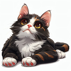 An adorable calico cat with big, yellow eyes looks upwards in a captivating cartoon illustration.