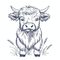 Hand Drawn Highland Cow Eating Wheat Vector Illustration Design