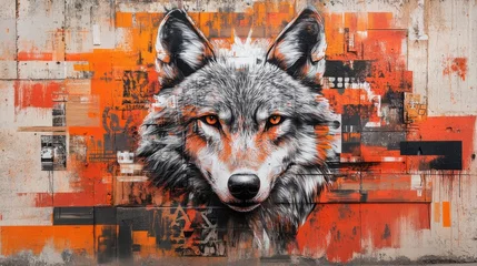Stunning Urban Mural of a Fierce Wolf with Bright Orange and Gray Colors on a Textured Wall © Benzbutter
