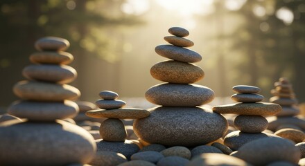Balanced stone stacks in a sunlit forest setting.