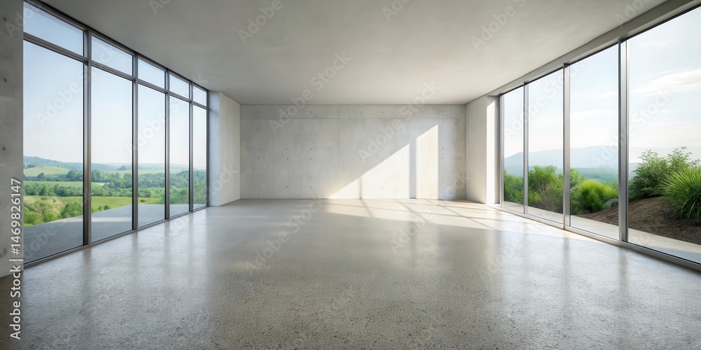 Poster spacious modern room with floor-to-ceiling windows offering panoramic views of serene landscape