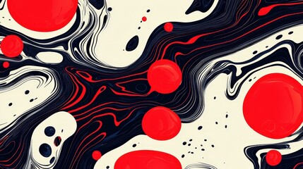 A painting of red and white swirls with red dots in the middle