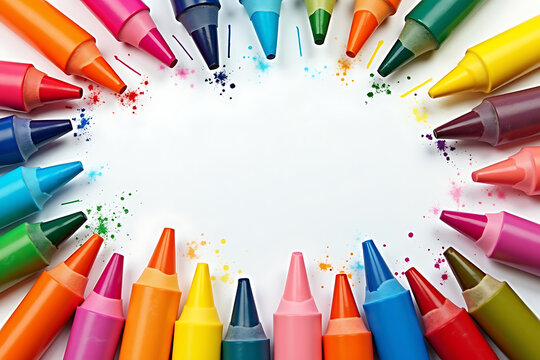 Colorful crayons arranged in a circular pattern with paint splatters displaying creative inspiration on a white background