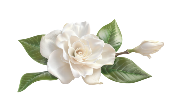 White flower isolated on transparency background with green leaves and bud