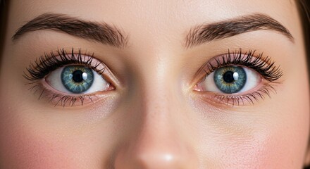 Fototapeta premium Stunning Close-Up of Captivating Blue Eyes with Defined Eyebrows and Long Eyelashes A High-Resolution Beauty Image