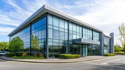 Fototapeta premium A modern office building with large glass windows and a blue sky in the background.