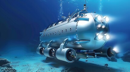 Fototapeta premium A submarine navigating through the deep ocean, surrounded by the vastness of the dark blue sea, showcasing the underwater exploration and advanced maritime technology.