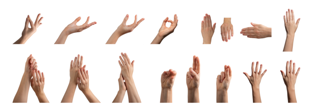 Hand with fingers making different gestures, raised upward in an elegant, graceful pose. Soft,