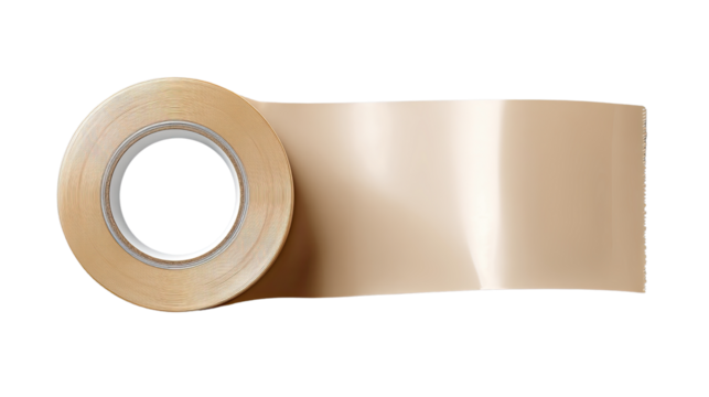 A roll of tan packing tape sits horizontally against a white background, slightly unrolled to show the adhesive surface and its circular core with shiny texture.