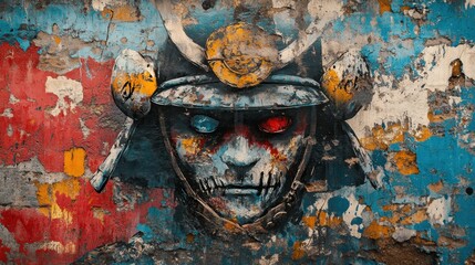 Intricate Samurai Warrior Mural Featuring Bold Colors and Unique Textures on Weathered Wall Surface