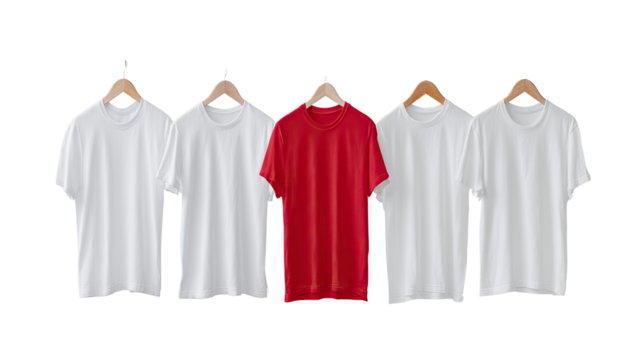 Five t-shirts hang on wooden hangers against a bright white background, with one vibrant red tee positioned prominently among the four blank white shirts.