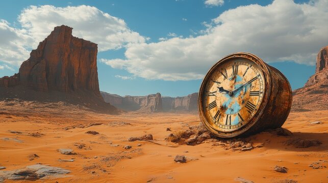 Giant antique clock in a vast desert landscape with striking rock formations and stunning blue sky - Powered by Adobe