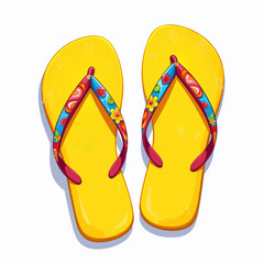 A vibrant illustration of bright yellow flip flops, featuring colorful straps adorned with flowers and swirls, evoking a cheerful and lively mood.