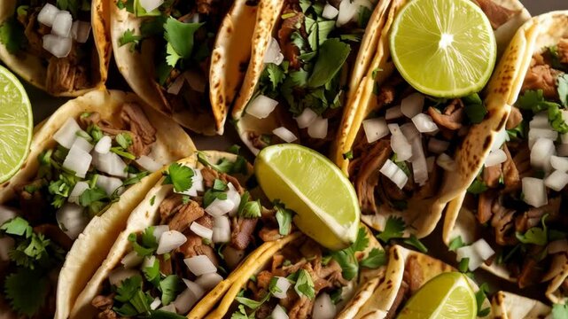 A vibrant display of Mexican tacos with fresh cilantro, onions, and lime slices. A colorful and flavorful representation of traditional Mexican street food