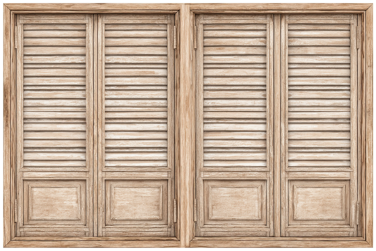 Two rustic window shutters are beautifully crafted with wooden slats and frames, adding warmth and texture to an interior design, making it uniquely cozy and inviting.
