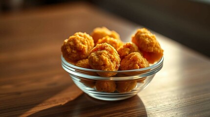 Crispy chicken nuggets served in a small transparent bowl, placed on a wooden surface with natural lighting, close-up shot, realistic food photography style, no background distractions, studio quality