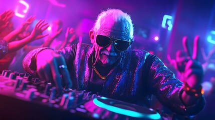 Aged but lively DJ performing with passion in colorful club atmosphere