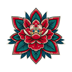 An intricately designed traditional tattoo style flower featu vibrant red petals and stylized green leaves radiates symmetrical beauty on a clean white backdrop.