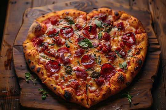 A heart-shaped pizza with pepperoni and fresh basil on a wooden board, ready to eat.