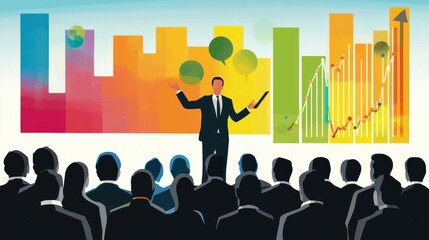 Obraz premium A man in a suit standing on a stage in front of a colorful cityscape with graphs and charts on a large screen, addressing an audience.