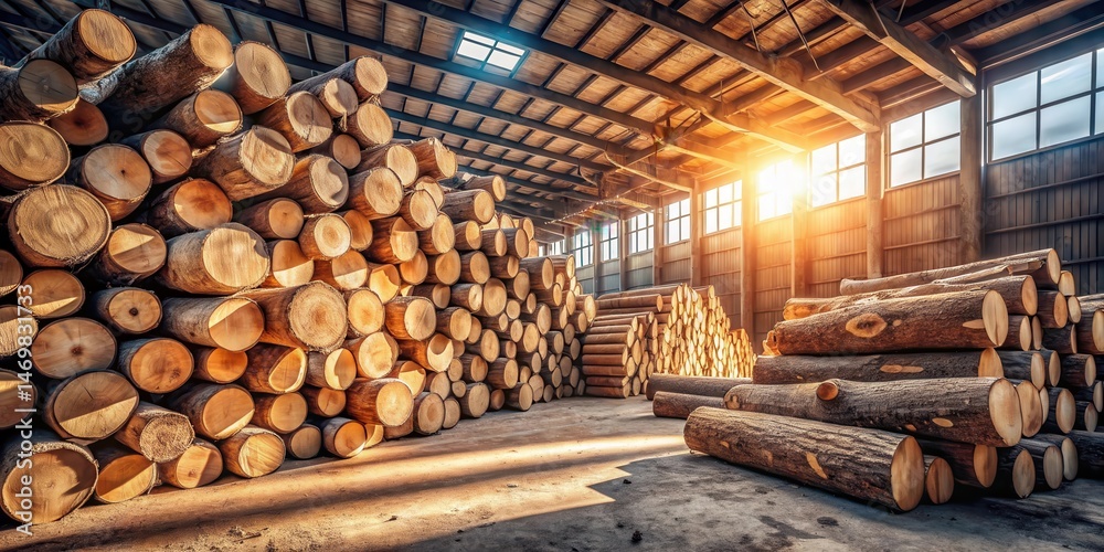 Poster sunlit warehouse filled with stacks of timber logs ready for processing and manufacturing
