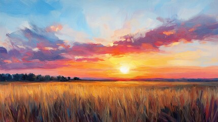 Fototapeta premium Vibrant Landscape of Sunset Over Golden Field with Colorful Sky and Dramatic Cloud Formation