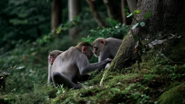 Three macaques explore mossy terrain of a lush forest, perched on a hillside under the canopy, observing surroundings with curiosity.