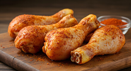 Spicy chicken drumsticks on a wooden board with seasoning  