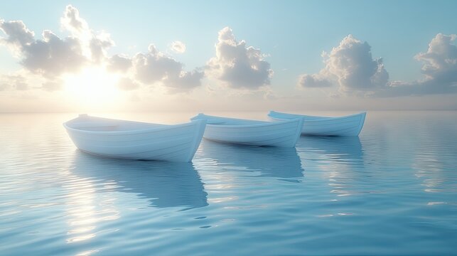 Serene placidity of three white boats on calm water.
