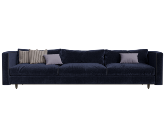 Dark navy blue velvet sofa with light gray and mauve throw pillows
