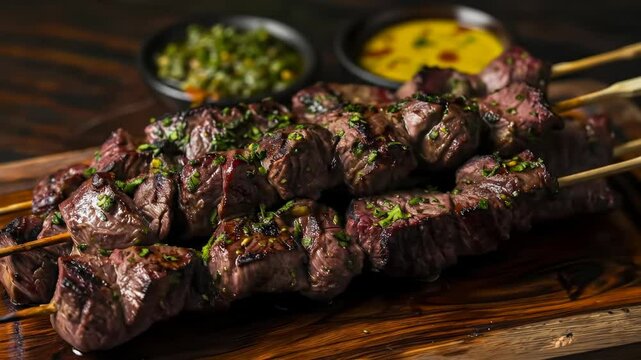 Peruvian anticuchos, grilled heart meat marinated in garlic and spices, served on a skewer. A flavorful and traditional dish from Peru