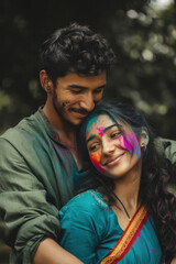 Fototapeta premium happy indian couple playing holi colors
