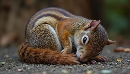 A curled up chipmunk resting on the ground with its tail wrapped around its body in a close up view