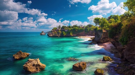 Fototapeta premium Beach landscape with coastal rocks and turquoise sea, lush vegetation for travel and vacation ads.