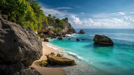 Tropical Coastal Landscape with Turquoise Sea and Rocky Shore, Bali Beach Scenery.