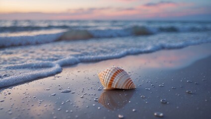 Obraz premium Seashell Resting on Wet Beach Sand at Sunset with Gentle Waves
