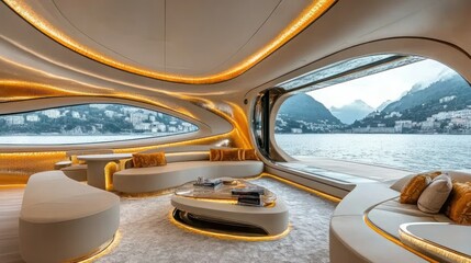 Fototapeta premium Luxurious, curved interior of a yacht with panoramic lake views. Modern, warm design with golden accents and soft lighting