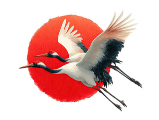 Two elegant red crowned cranes gracefully soar against a vibrant red sun in this delicate watercolor painting evoking a sense of peace and serenity in nature.
