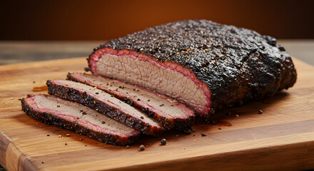 Sliced smoked brisket on a wooden cutting board  