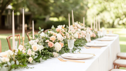 Elegant summer wedding tablescape with floral garland design for outdoor celebrations