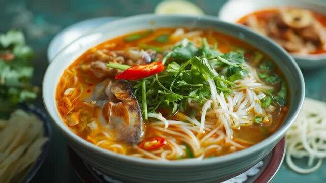 Myanmar mohinga, fish broth soup with noodles and lemongrass, served in a bowl. A traditional and flavorful dish from Myanmar