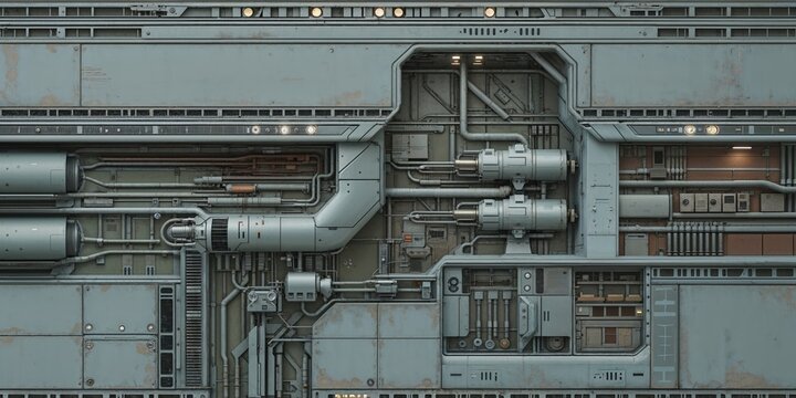 Seamless Sci-Fi Wall Detail with Interconnected Pipes, Grey Metal Plates, Vents, and Intricate Mechanical Systems