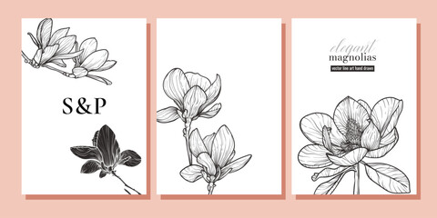 Magnolia wedding invitation card background vector. Elegant botanical flower decorate with black line art texture template background. Design illustration for wedding and cover template, banner. © Muza