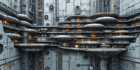 Organic Sci-Fi Architecture: Multi-layered Structure with Circular Platforms and Small Glowing Windows on a Grungy Metal Surface